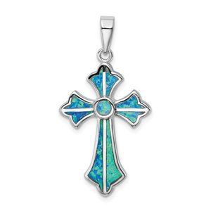 Sterling Silver Created Opal Inlay Cross Pendant
